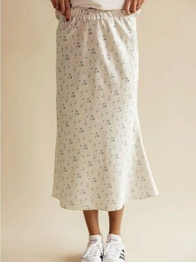 NWOT Roolee Cream Midi Skirt with Blue Floral Print